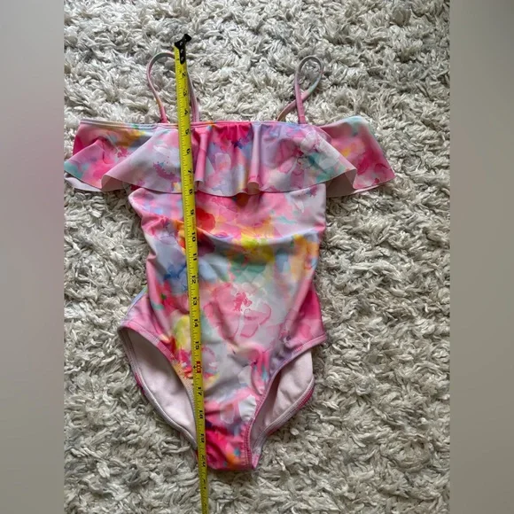 Cat & Jack Girls Swimsuit One-piece Size 8 watercolor Colorful Ruffled - Picture 5 of 8